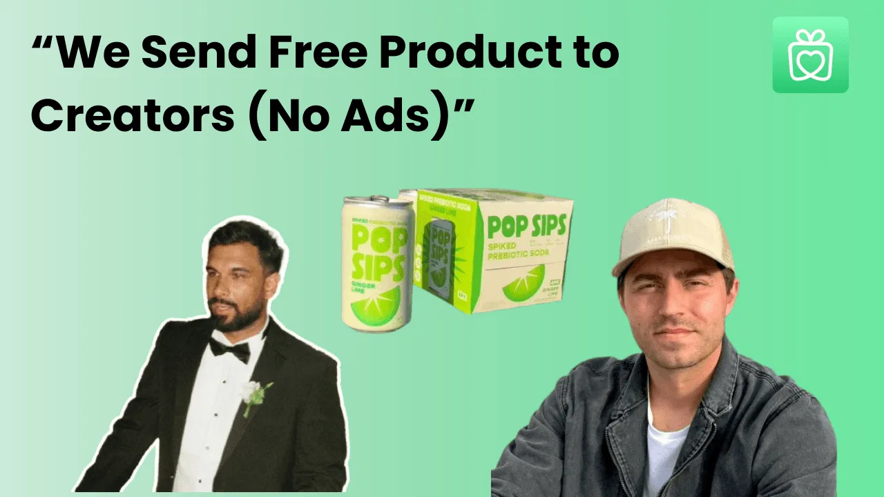 PopSips founders with the brand's spiked prebiotic soda cans and box — 'we send free product to creators, no ads'